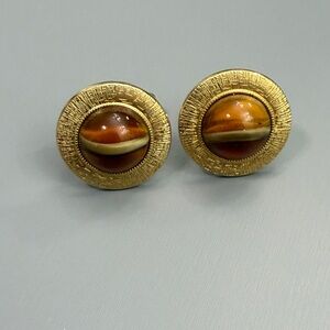 Vintage Anson Gold Saturn Greek Key Textured Cufflinks With Tiger's Eye Glass